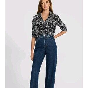 Express Blouse Med Portofino  button up polka dot print Navy Blue Iconic Express